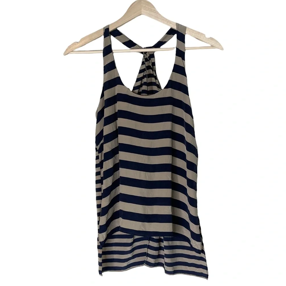 BCBG MAXAZRIA Edita Pure Silk Striped Navy and Tan Twisted Racer Back Tank Top
